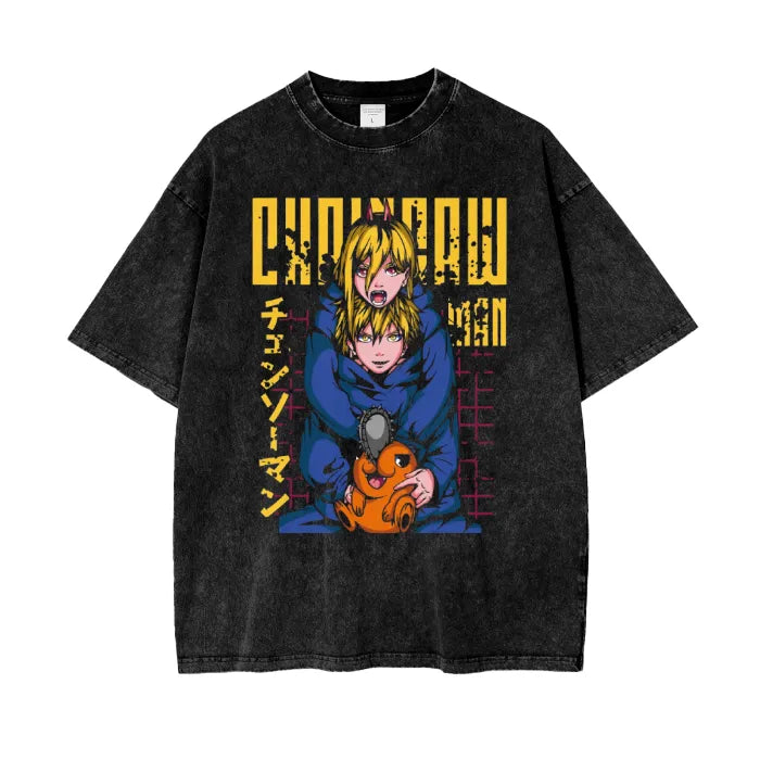 "POWER PLAY" - Denji-Power - Chainsaw Man Anime Vintage Washed Oversized T-Shirt