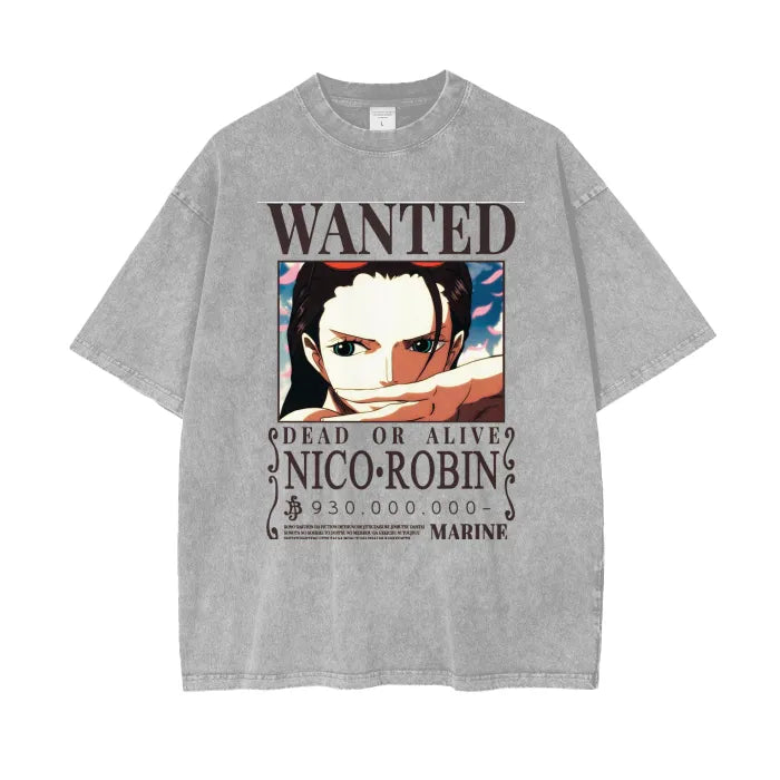 "WANTED WHISPERER" - Nico - One Piece Anime Vintage Washed Oversized T-Shirts| 2 Colors