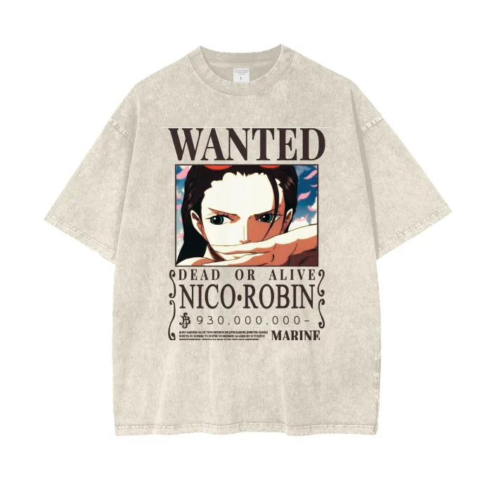 "WANTED WHISPERER" - Nico - One Piece Anime Vintage Washed Oversized T-Shirts| 2 Colors