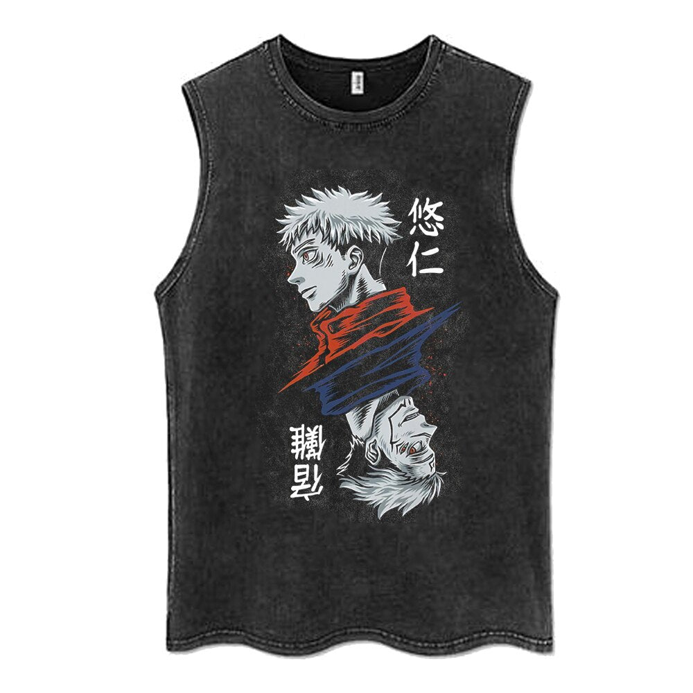 "DOUBLE FACED" - Jujutsu Kaisen Anime Vintage Washed Itadori-Ryomen Sleeveless Tank Tops