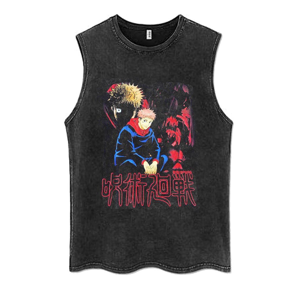 Jujutsu Kaisen Anime Vintage Washed Yuji Itadori Sleeveless Tank Tops