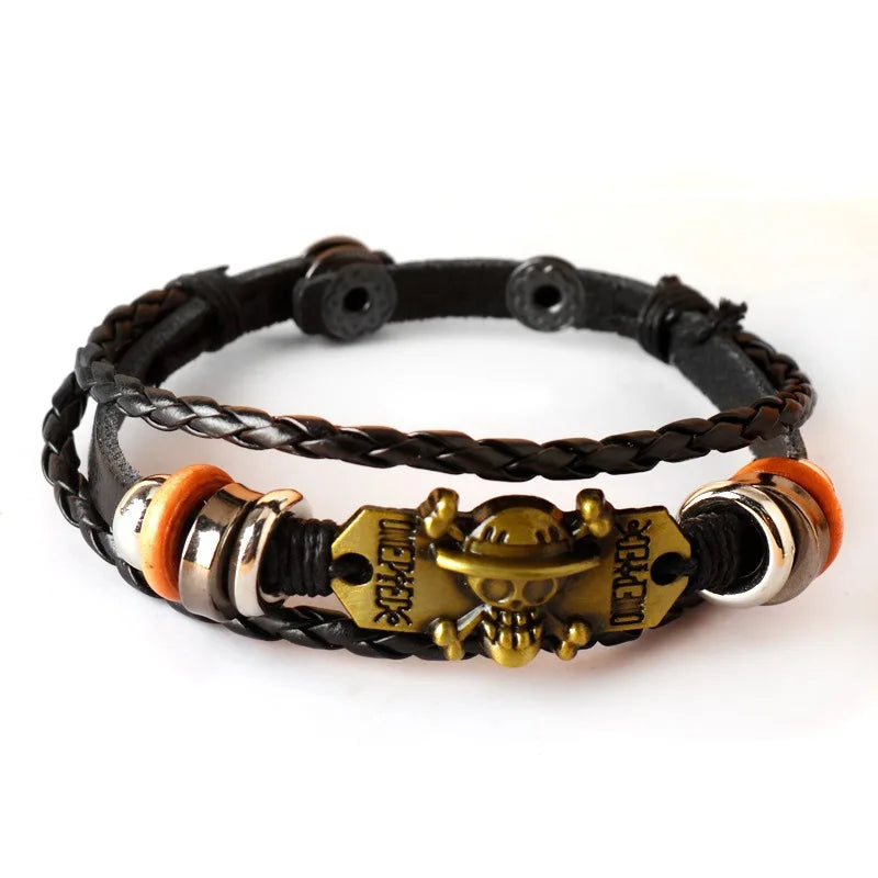 Anime One Piece Pirate Bracelet Cartoon Action Doll Lufei Straw Hat Punk Black Leather Woven Bracelet Toy Birthday Gift