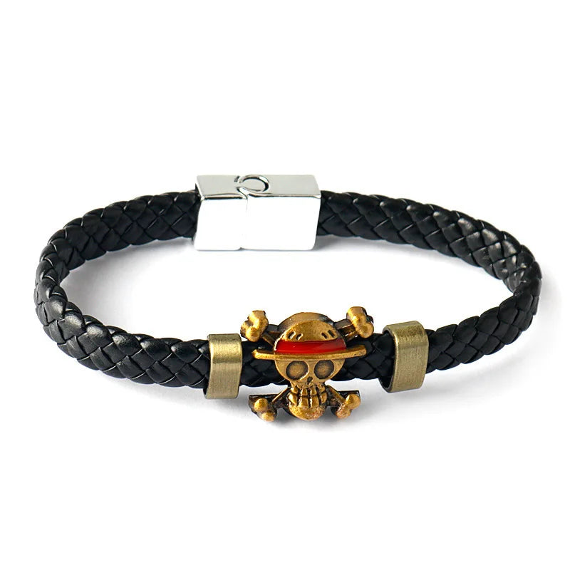 Anime One Piece Pirate Bracelet Cartoon Action Doll Lufei Straw Hat Punk Black Leather Woven Bracelet Toy Birthday Gift