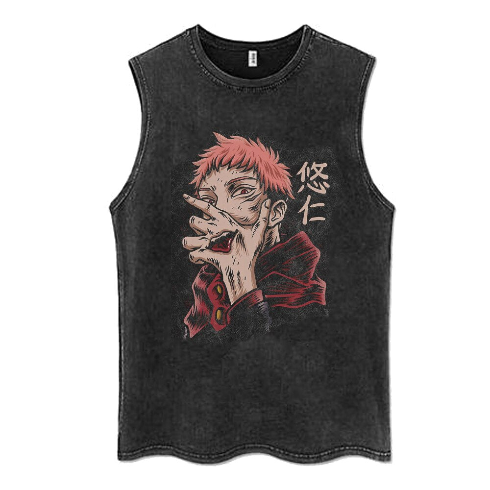 "LICK" - Jujutsu Kaisen Anime Vintage Washed Yuji Itadori Sleeveless Tank Tops