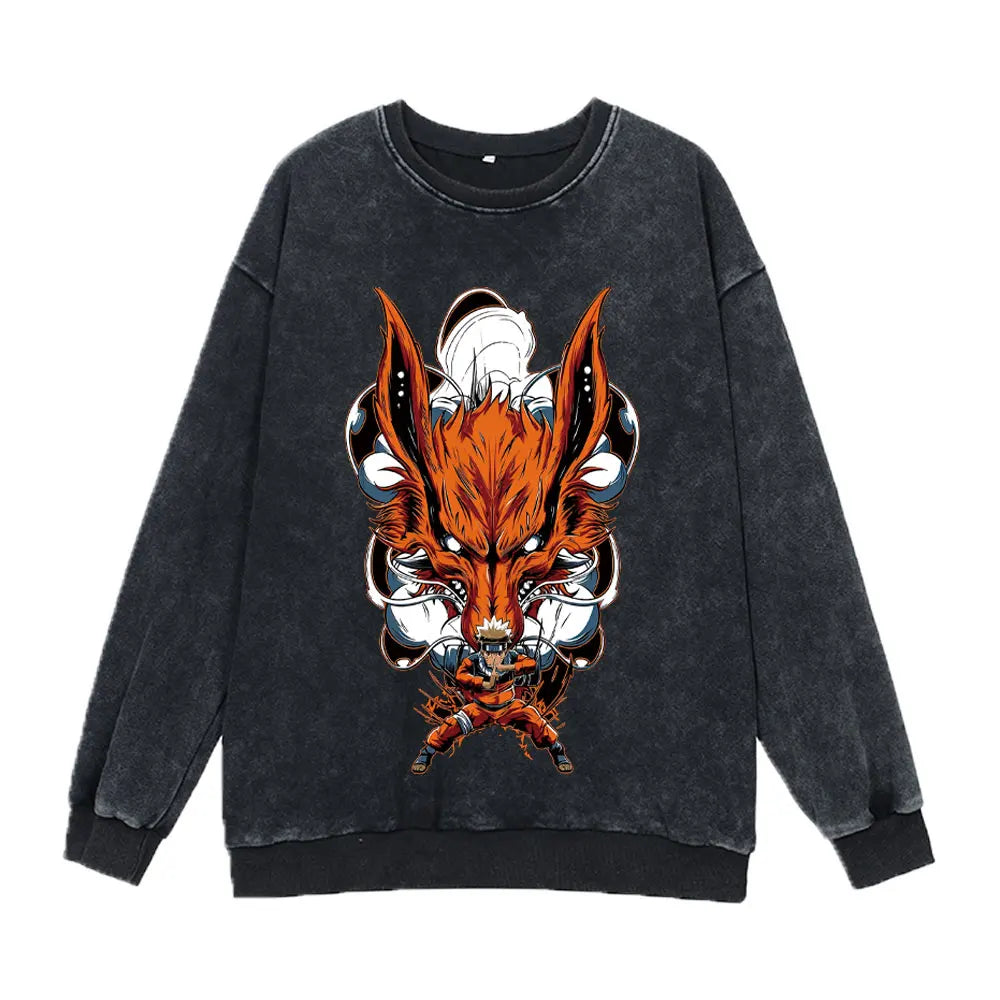 "NIGHTMARE" - Naruto+Kurama - Naruto Anime Vintage Washed Oversized Sweatshirts