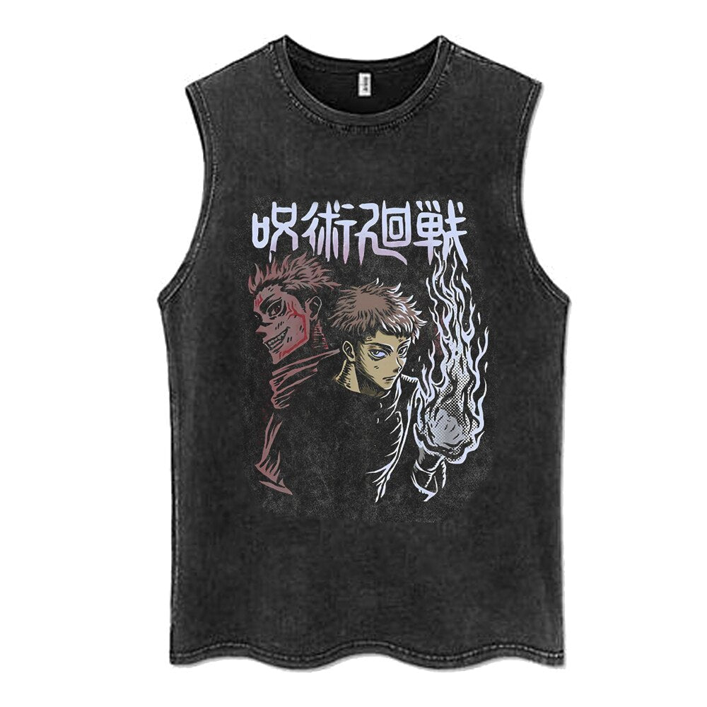 "DUAL FACED" - Jujutsu Kaisen Anime Vintage Washed Yuji-Sukuna Sleeveless Tank Tops