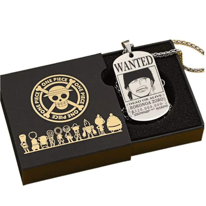 New One Piece Anime Peripheral Necklace Bounty Wanted Titanium Steel Military Brand Pendant Retro Niche Decoration Ornament