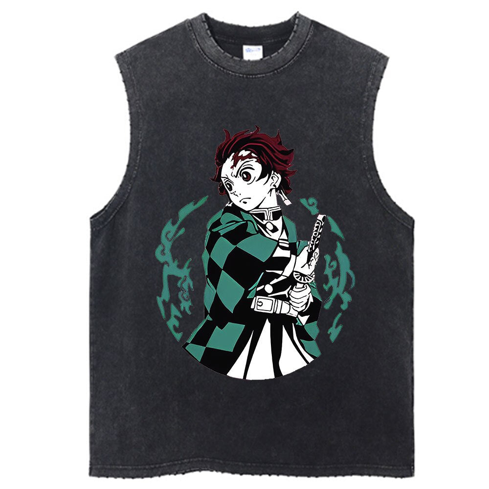 Demon Slayer Anime Vintage Washed Tanjiro Kamado Sleeves Tank Tops