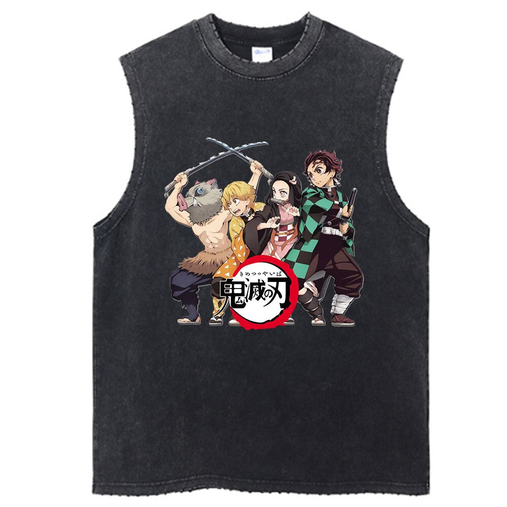 Demon Slayer Anime Vintage Washed Sleeves Tank Tops