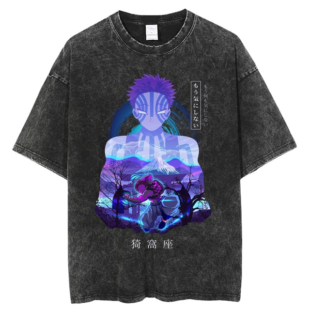 "UPPER MOON 3" - Demon Slayer Anime Akaza Vintage Washed Oversized T-Shirts