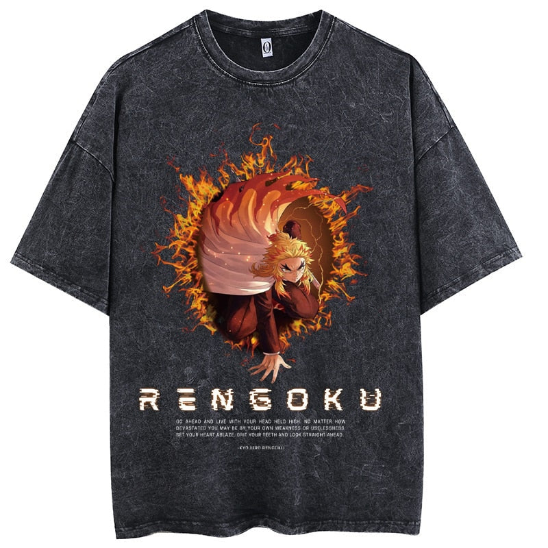 "FLAMER" - Demon Slayer Anime  Rengoku Vintage Washed Oversized T-Shirts