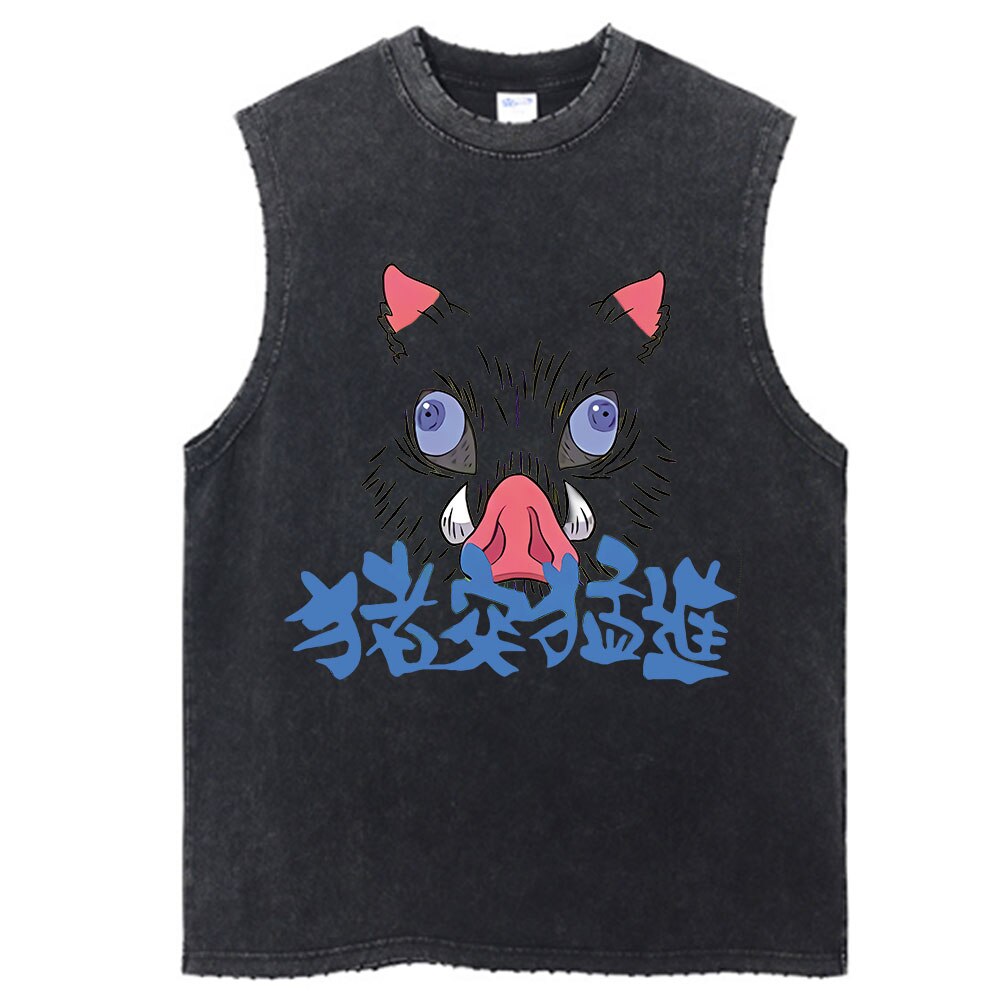 Demon Slayer Anime Vintage Washed Inosuke Sleeves Tank Tops