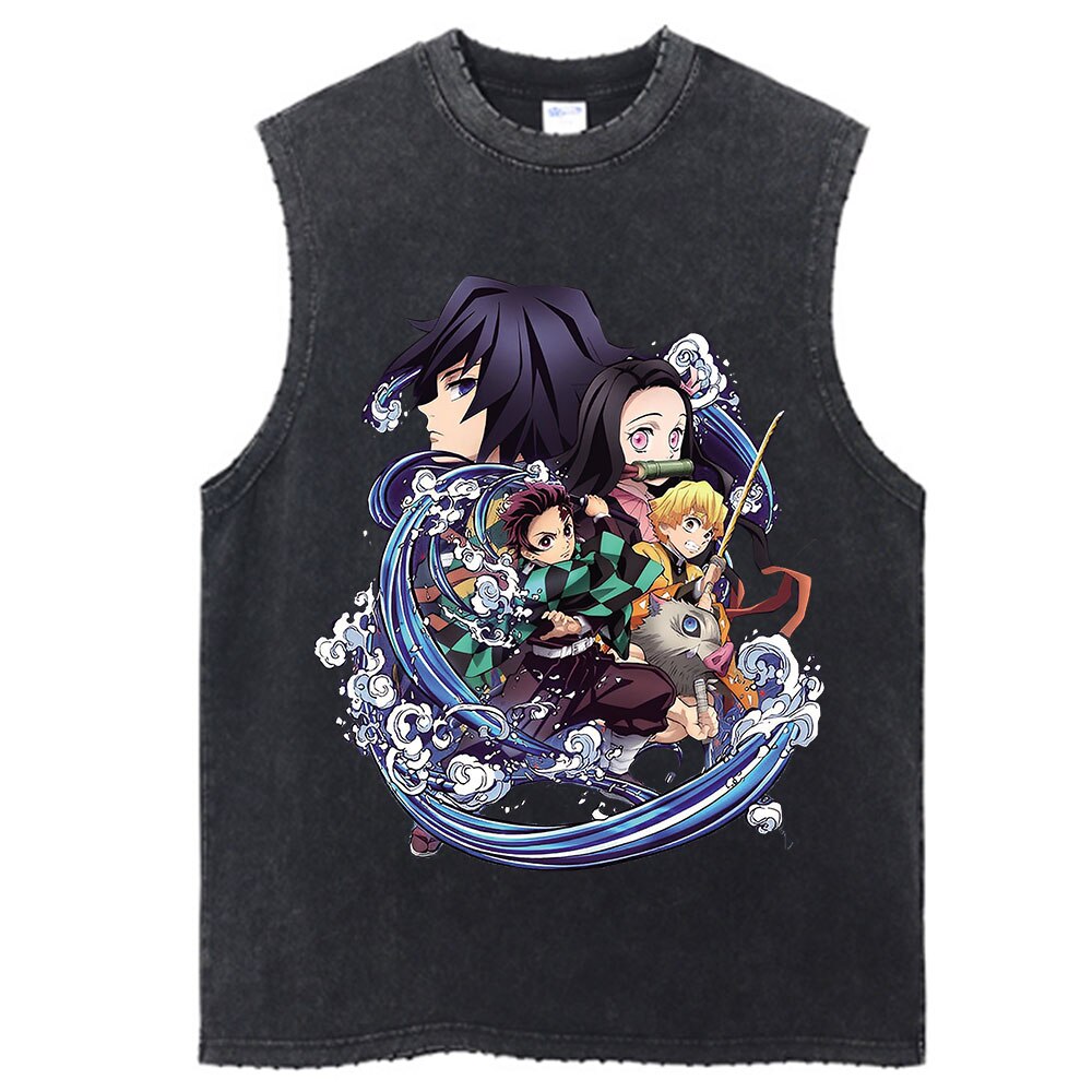 Demon Slayer Anime Vintage Washed Sleeves Tank Tops