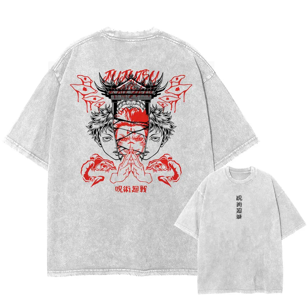 "DUALITY OF FATE" - Sukuna & Yuji - JJK Anime Vintage Washed Oversized T-Shirt | V-2