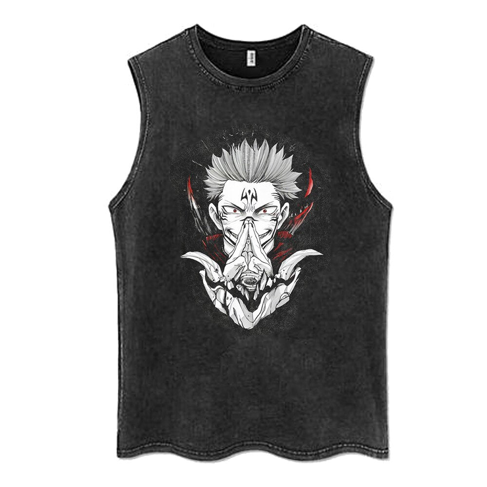 "POSSESSED" - Jujutsu Kaisen Anime Vintage Washed Ryomen Sukuna Sleeveless Tank Tops