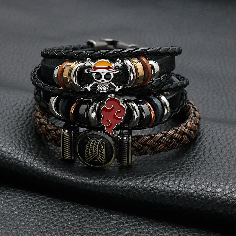 Anime uma peça pirata pulseira dos desenhos animados boneca de ação lufei chapéu de palha punk preto couro tecido pulseira brinquedo presente aniversário