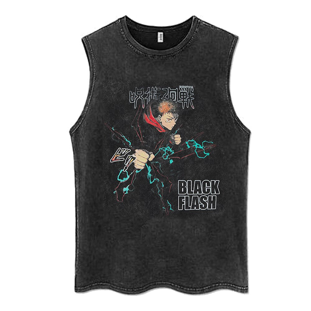 "BLACK FLASH" - Jujutsu Kaisen Anime Vintage Washed Yuji Itadori Sleeveless Tank Tops