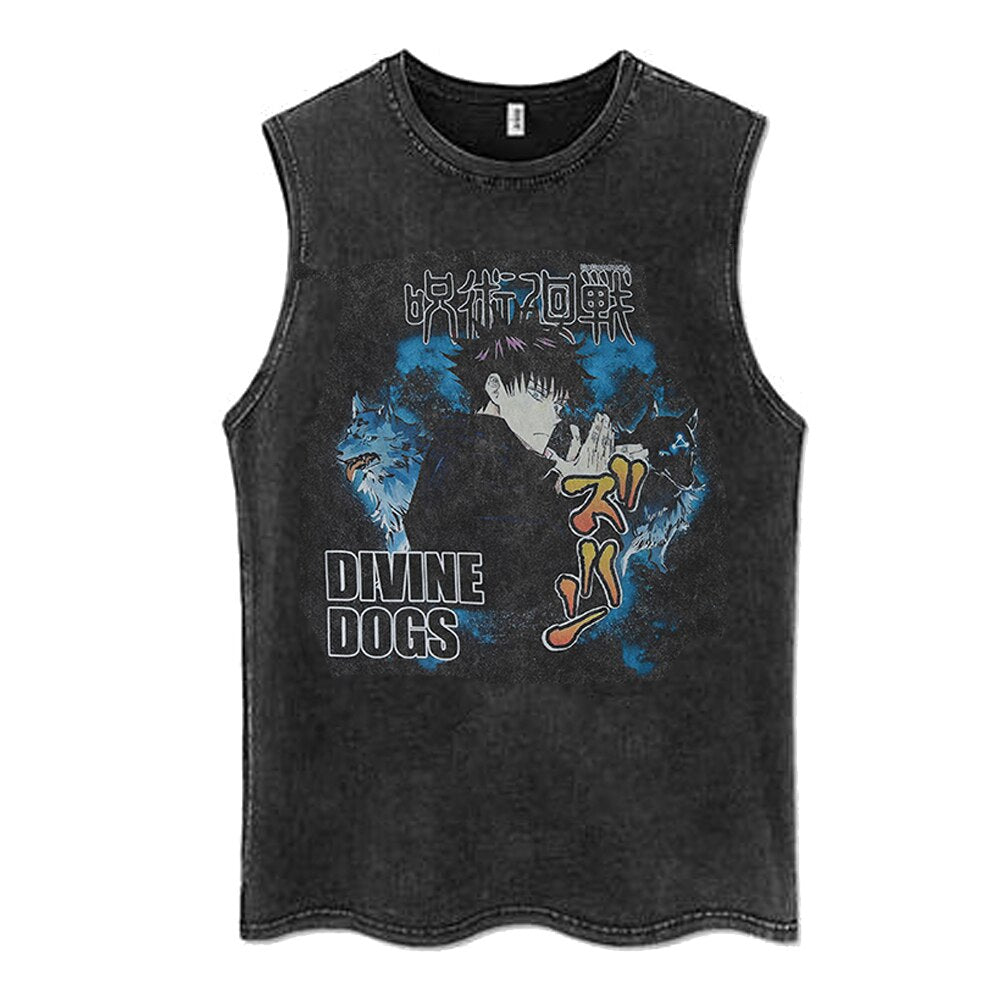 "DIVINE DOGS" - Jujutsu Kaisen Anime Vintage Washed Megumi Fushiguro Sleeveless Tank Tops