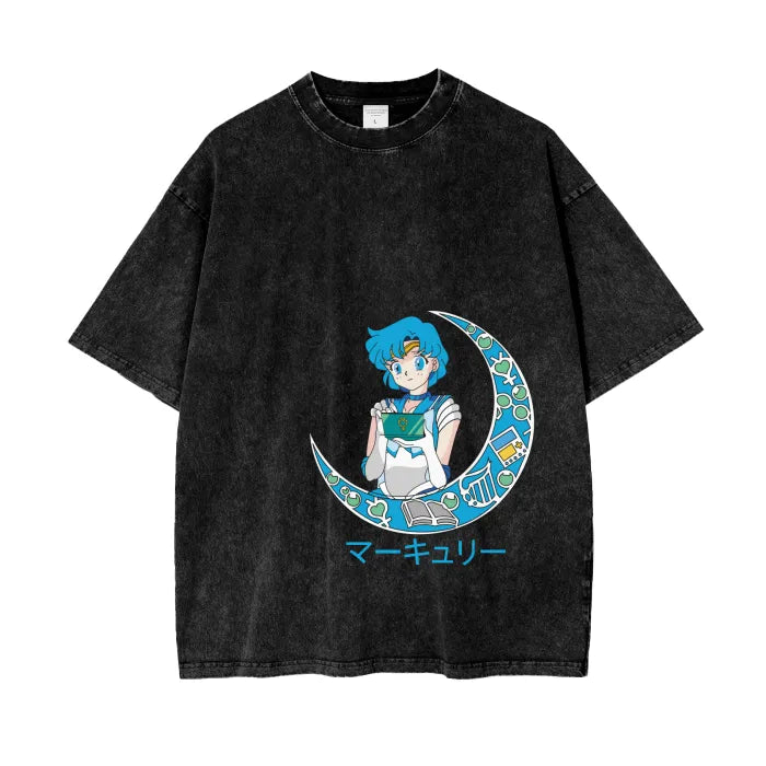 "MIND'S MIGHT" - Sailor Mercury - Sailor Moon Anime Vintage Washed Oversized T-Shirt