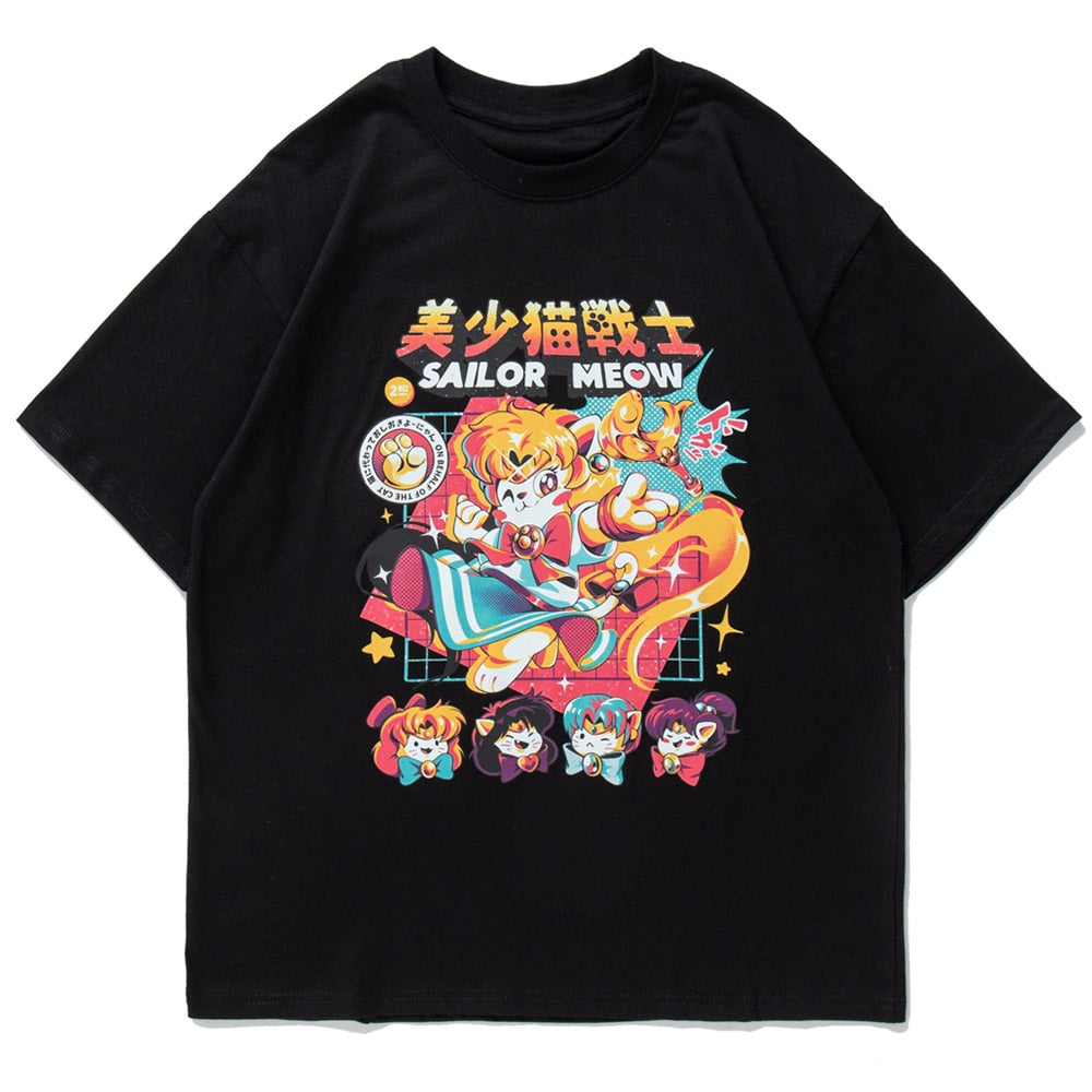 Anime - Streetwear - "SAILOR MEOW" - Anime Sailor Moon Oversized T-Shirt | 4 Colors - Alpha Weebs