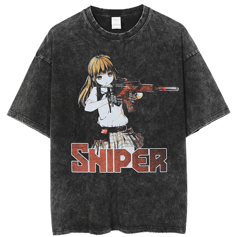 Anime - Streetwear - "SNIPER" - Anime Oversized Vintage Style T-Shirts - Alpha Weebs