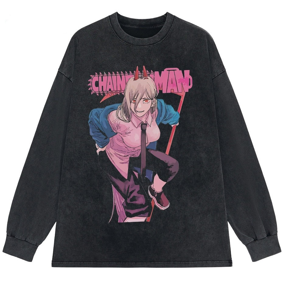 "POWER " - Chainsaw Man Anime Vintage Washed Sweatshirt (Chain Option)