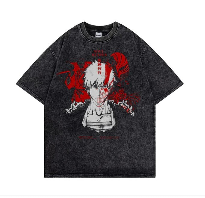 "SHADOW OF DEVIL" - Vintage Washed Bleach Anime Ichigo Oversized T-Shirt | 2 Options