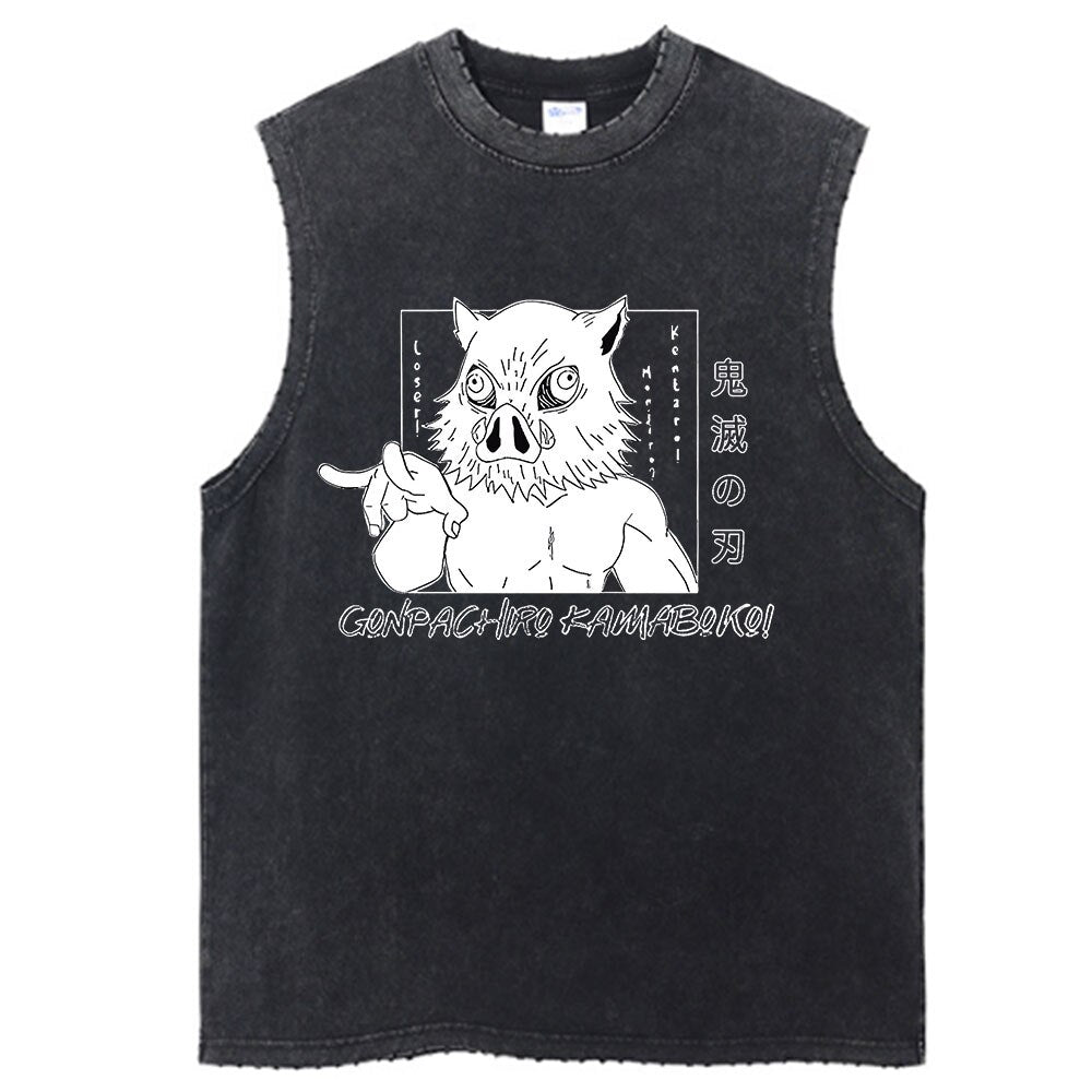 Demon Slayer Anime Vintage Washed Sleeves Inosuke Hashibira Tank Tops