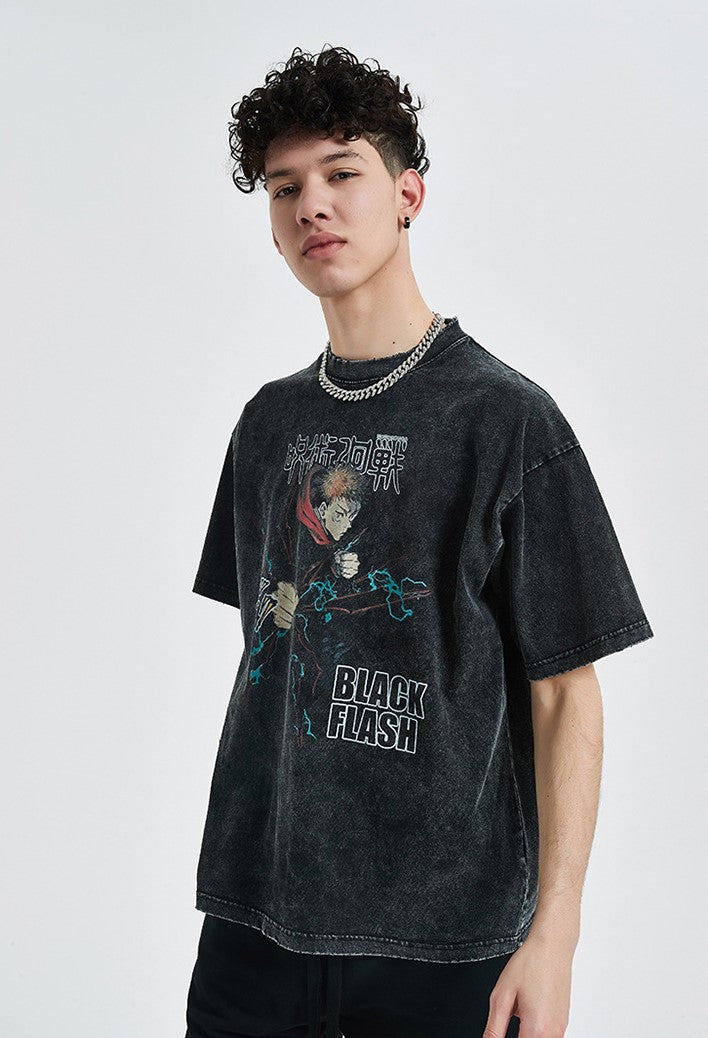 Anime - Streetwear - "BLACK FLASH" - Jujutsu Kaisen Yuji Anime - Oversized Vintage Style T-shirt - Alpha Weebs